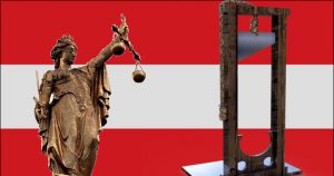 Österreich-Fahne mit Göttin Justitia und Guillotine